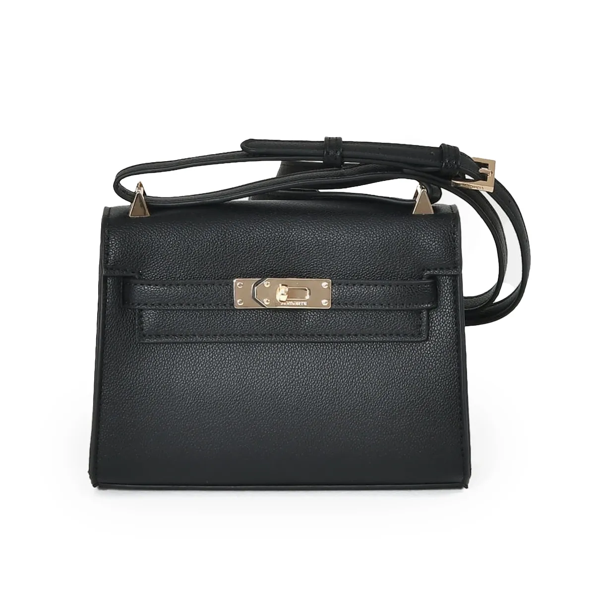 Bolsa tiracolo feminina preta Via Marte modelo B1-207-01 vista frontal com textura de couro sintético e detalhe metálico dourado